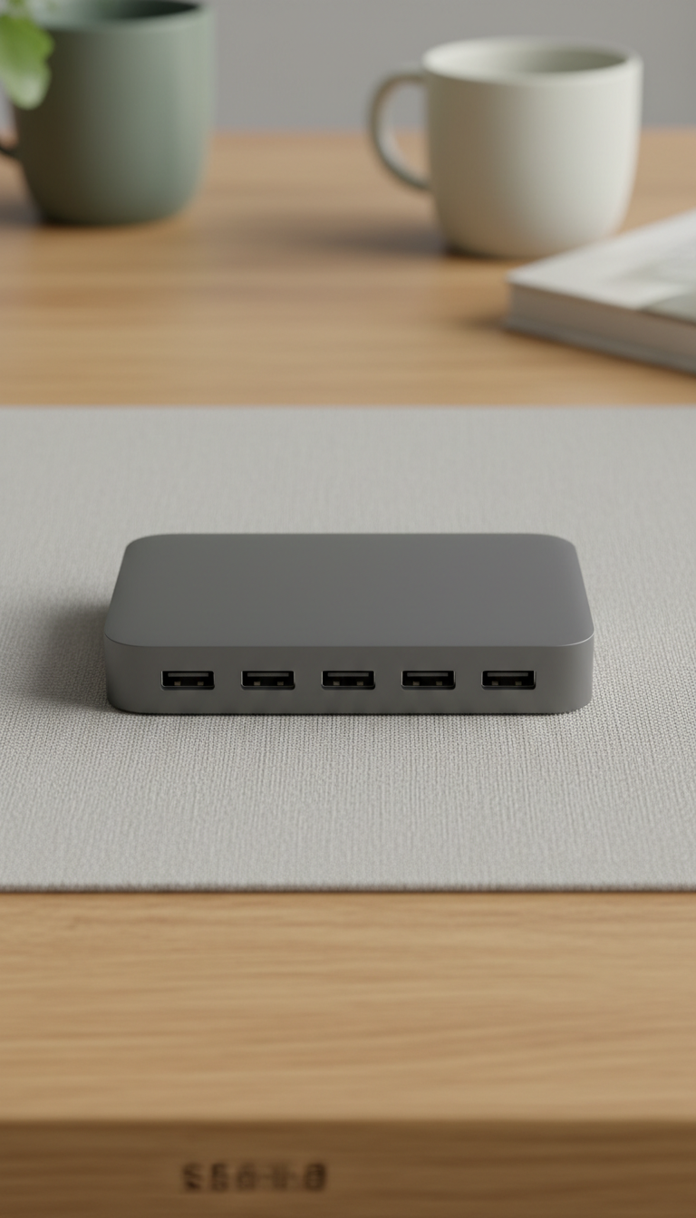 Slate multi-port USB-C hub, Three-quarter angle as default—products set on textured surfaces (linen placemat on oak table...