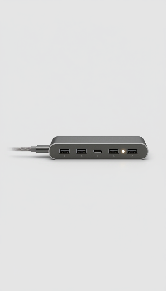 Certified pre-owned USB-C hub, Default angle is a precise 3/4 view that highlights the device’s geometry and material...