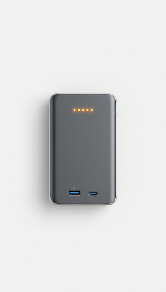 Steel Graphite aluminum portable power bank, Default: 3/4 angle showing product front face and side profile on a matte...