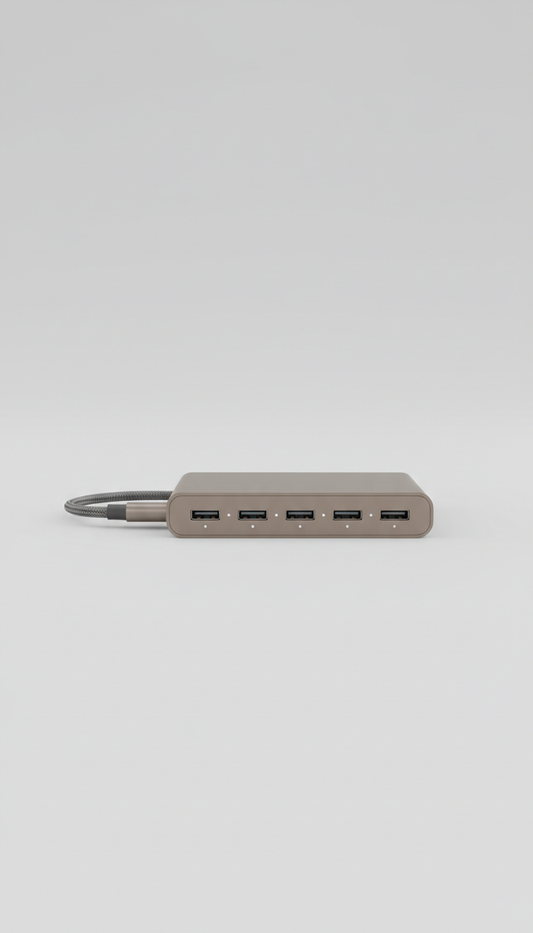 Minimalist USB-C hub, Default angle is a clean three-quarter view at tabletop height — showcases product form and...