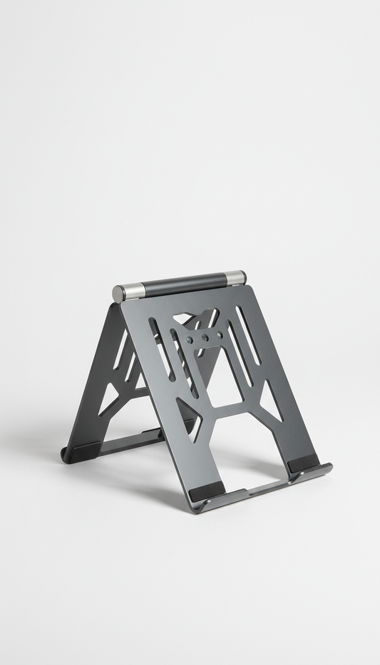 Architectural foldable laptop stand, Hero product shots at a precise 3/4 angle to showcase both face and edge...